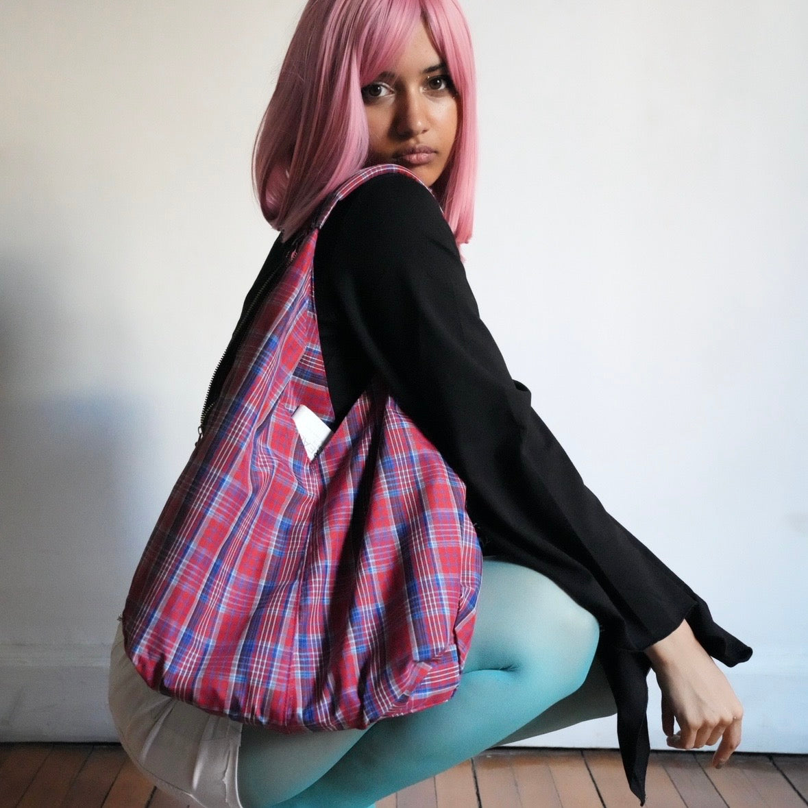 Symmetrical red plaided triple zippered tote bag