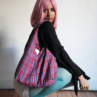 Symmetrical red plaided triple zippered tote bag